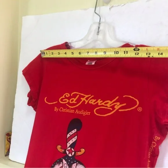 Ed Hardy Vintage Y2K Scull Tattoo Graphic Top T Shirt Fitted Logo Cotton Red L - Picture 15 of 16